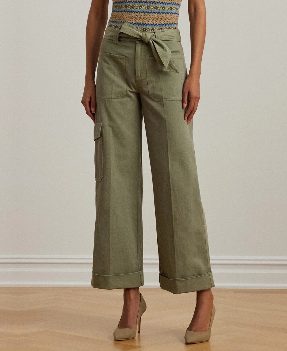 Lauren Ralph Lauren Pleated Cotton Twill Wide-Leg Cargo Pants Size 12 4072